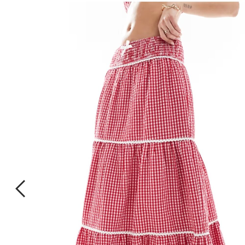 Shirred waist tiered lace trim maxi skirt in red gingham - part of a set